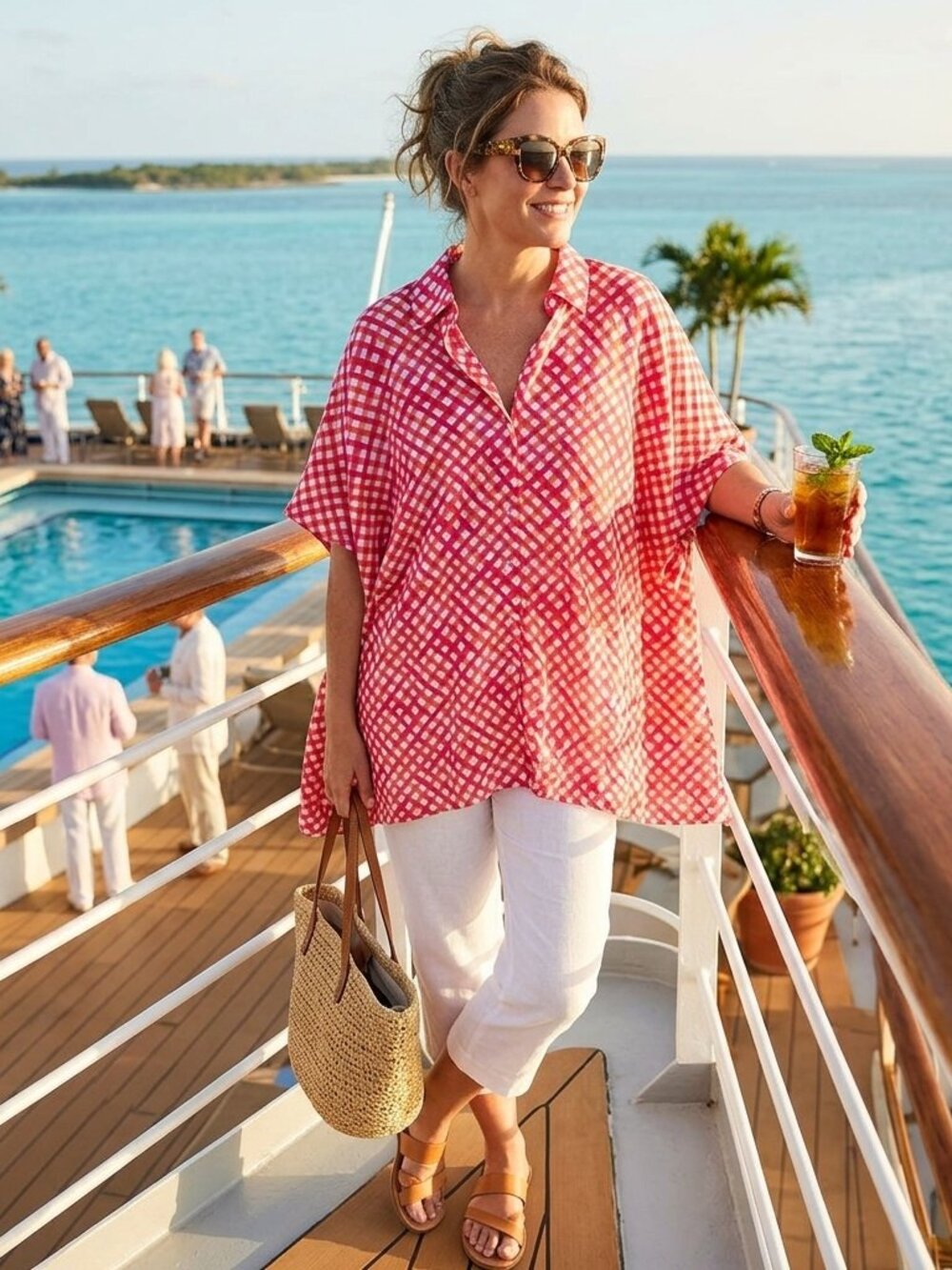 Tommy Bahama Orange Pink Plaid Gingham Tunic Dress Womens L XL Beach Cover Up